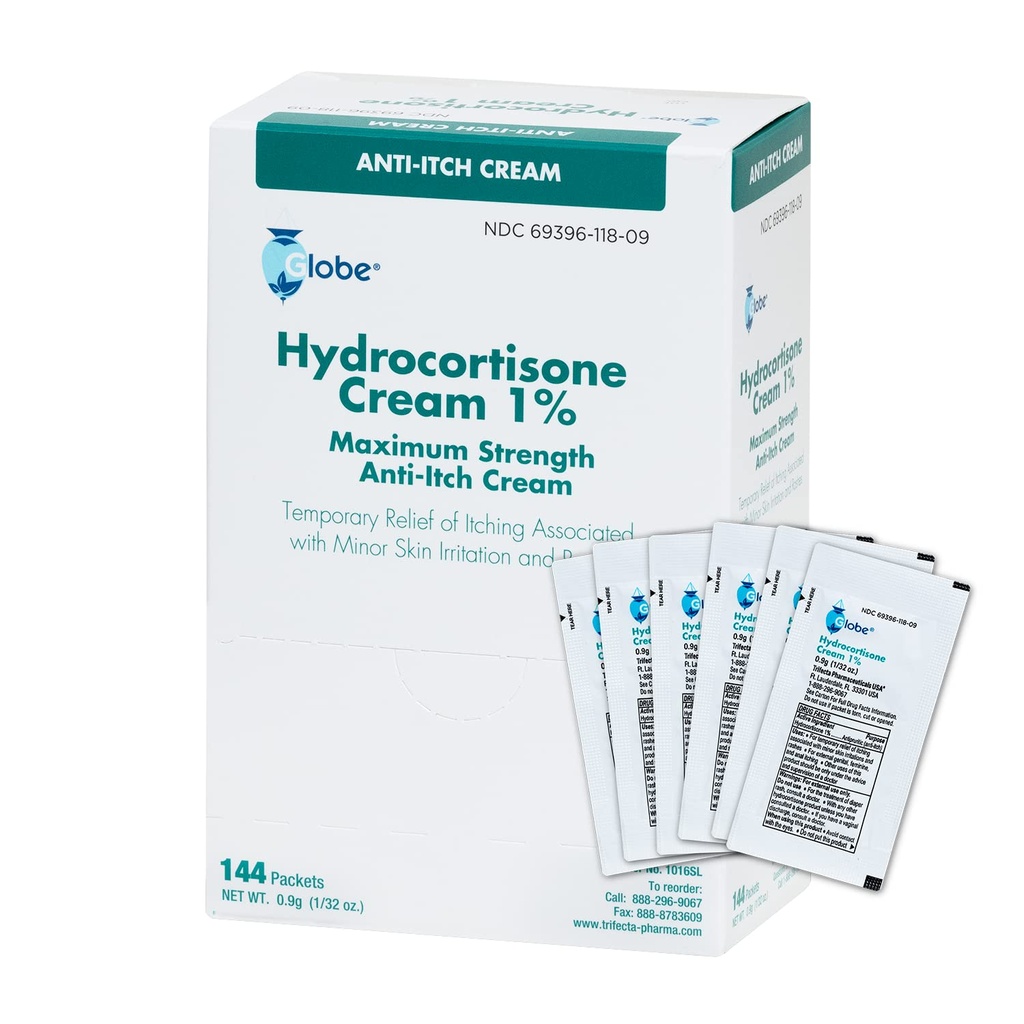 Glóbus (Box 144 Hydrokortizón 1% Maximálna sila krém, (0,9 g Single Paket) Anti-svrbiaci krém pre začervenanie, opuch, svrbenie, vyrážka, Bug/Mosquito Bites, Ekzém, hemoroidy a viac