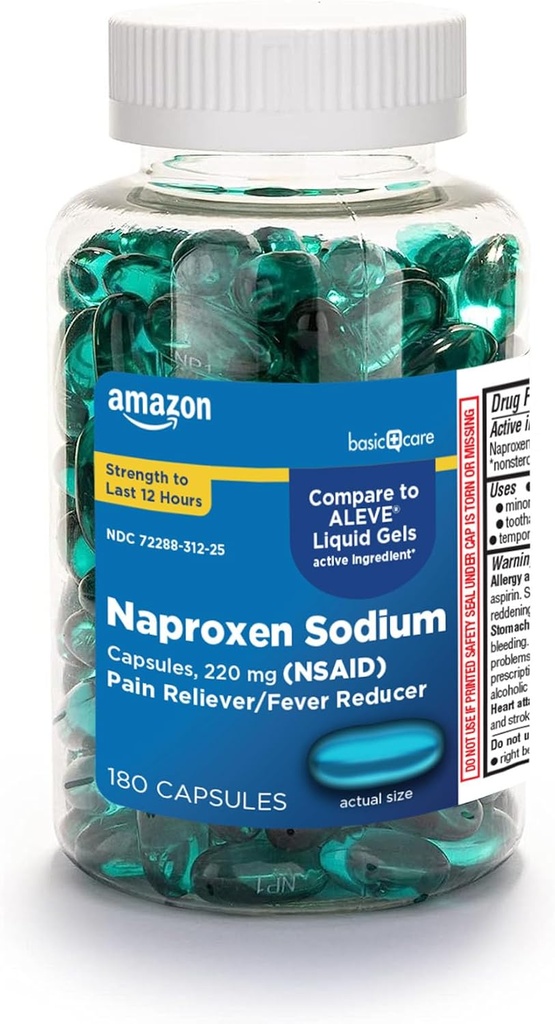 Amazon Basic Care Naproxen Sodium 220 Mg Liquid Gels, Pain Reliever/Fever Reducer (NSAID), 180 Count (previously A+ health)