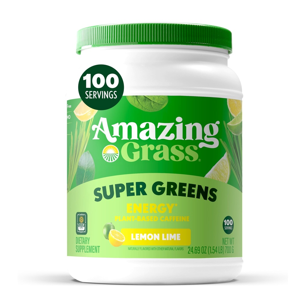 Amazing Grass Green Superfood Energy: Super Greens Powder & Plant Based Caffeine with Green Tea, Repeat Root Powder & Ľan Seed, Citrónová vápno, 100 Servings (Backaging May Vary)