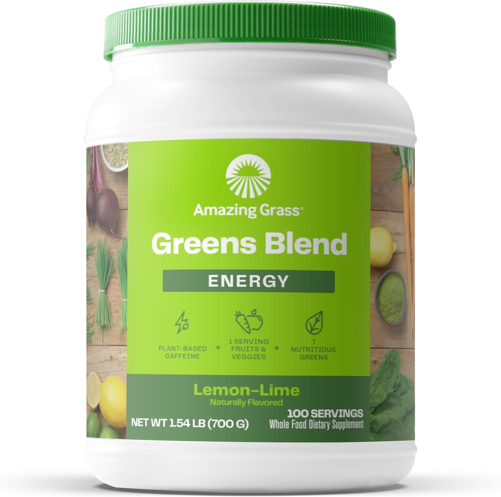 Amazing Grass Green Superfood Energy: Super Greens Powder & Plant Based Caffeine with Green Tea, Repeat Root Powder & Ľan Seed, Citrónová vápno, 100 Servings (Backaging May Vary)
