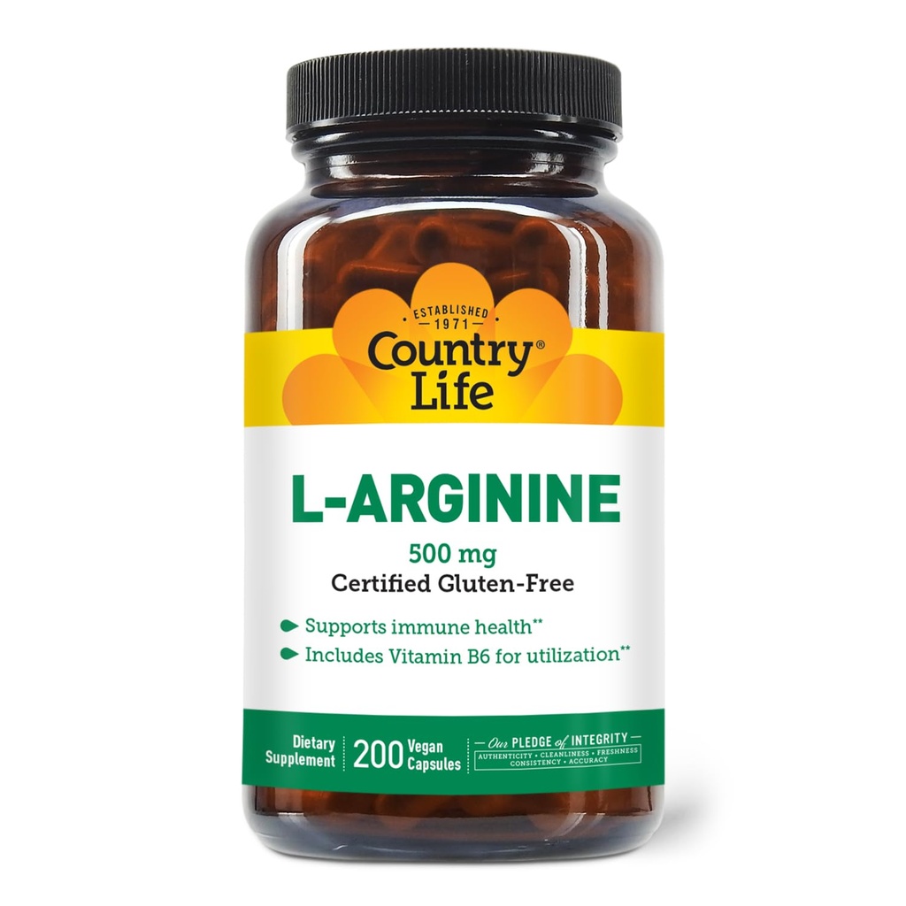 Country Life L-arginín Caps s vitamínom B-6, 500mg, 200 Vegan Kapsule, Certified Gluten Free, Certified Vegan