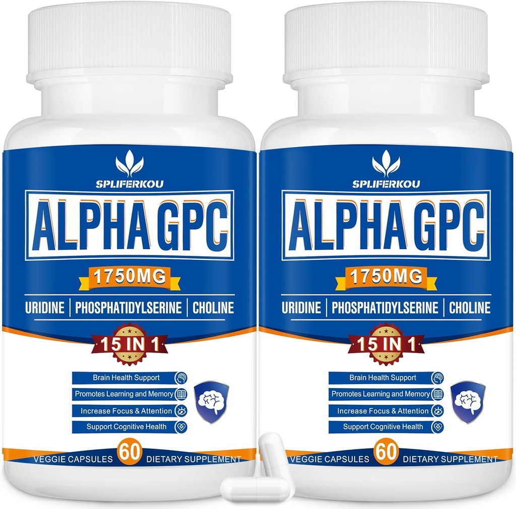 15-in-1 Alpha GPC Supplement with Fosfatidylserin, Uridín, L-theanine, Lion's Mane Mushrom, 120 Kapsule
