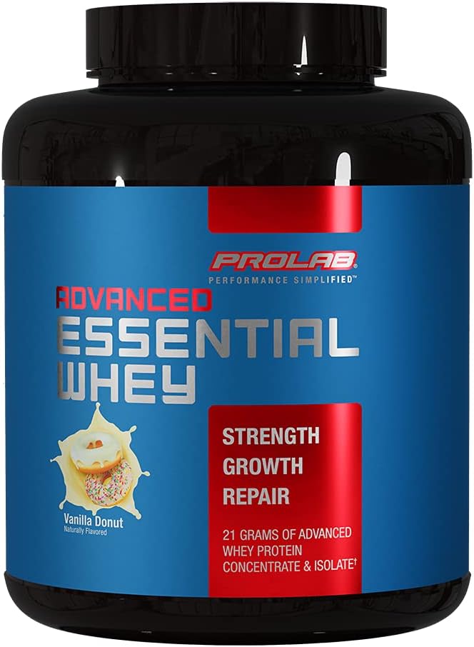 ProLab Advanced Essential Wheey Protein Powder, Whey Concentration & Izolate Blend, 21g Protein, BCAAs, Digestive Enzymes, Muscle Support & Recovery (Vanilla Donut)