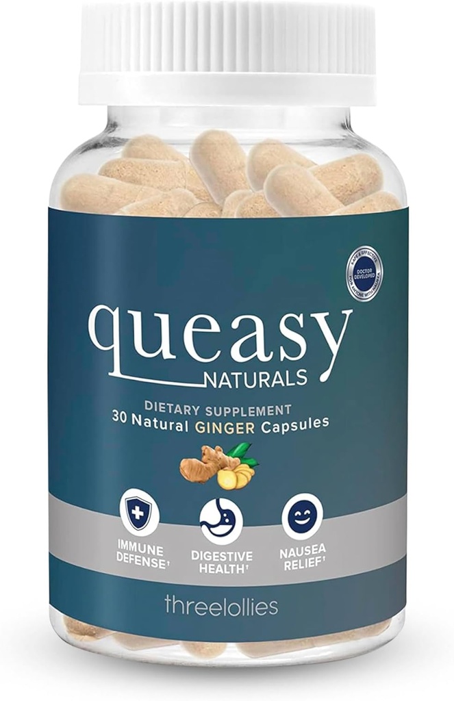 Tri lollies Queasy Naturals Ginger Capsules - Non-Drowsy Nauzea Relief Supplement - Prevencia pohybovej choroby a nauzea Relief počas chemoterapie - 1000mg Ginger Root - 30 Caps