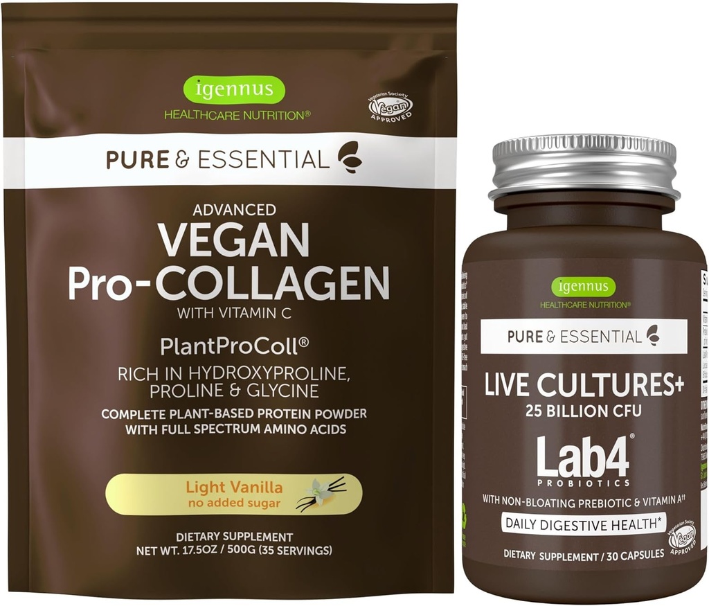 Živé kultúry+ Lab4 Probiotiká + Vegan Vanilla Collagen Protein Powder Vegan Bundle, Complete Collagen Boosting Formula + 25 miliárd CFU Probiotic with Non-Bloating Prebiotic, by Igennus