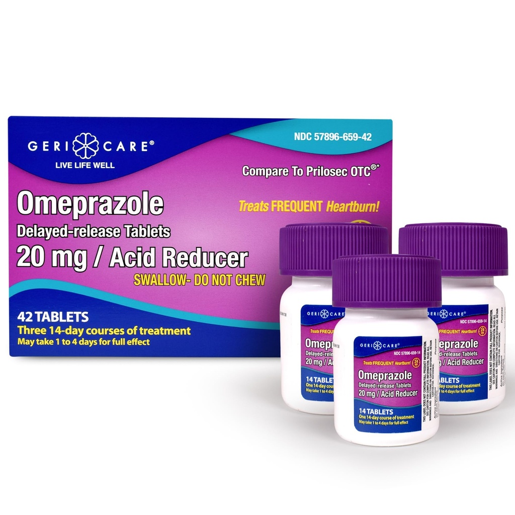 GeriCare Omeprazol tablety s oneskoreným uvoľňovaním 20 mg tablety so zníženým obsahom žalúdočnej kyseliny na 24 hodín Pálenie záhy Refluxná medicína na liečbu častého pálenia záhy- Anti-Acid Relief Tablets (počet 42)
