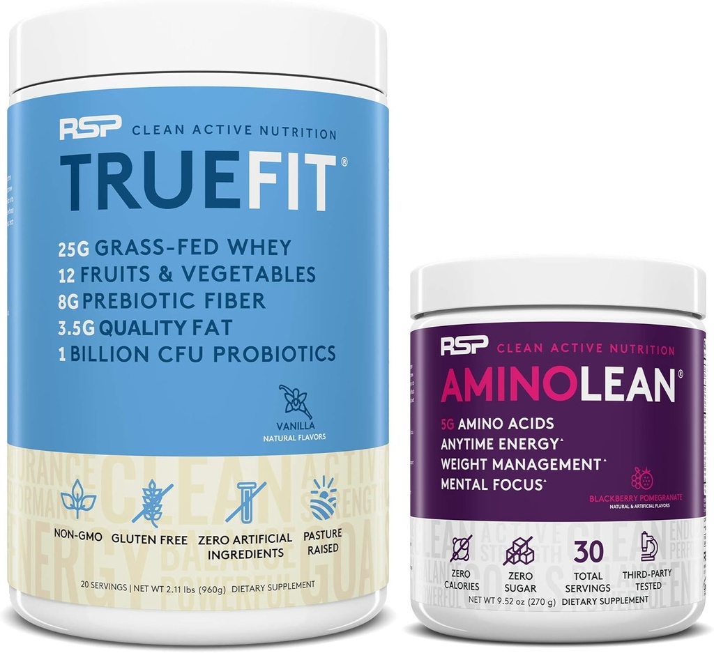 RSP NUTRITION AminoLean pre cvičenie energie (BlackBerry granátové jablko 30 Servings) s TrueFit proteín prášok (Vanilla 2 LB)
