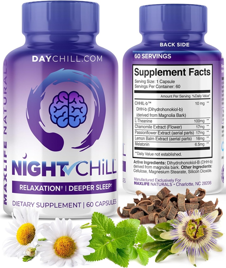 Night Chill Sleep Supplement 60 Kapsule - Pohodlný spánok Podpora s DHH-B z Magnolia Bark a L-Teanine Supplement - Stres Pokojná podpora - Spiace pilulky pre dospelých podľa MaxLife Naturals