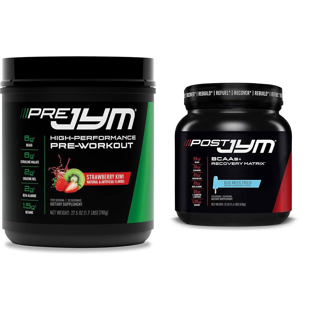 JYM Supplement Science PRE JYM 30 Servings - Strawberry Kiwi & Post-Work out with BCAA's, Glutamín, Creatine HCL, Beta-Alanine and More, Blue Arctic Freeze, 30 Servings, 22 Oz