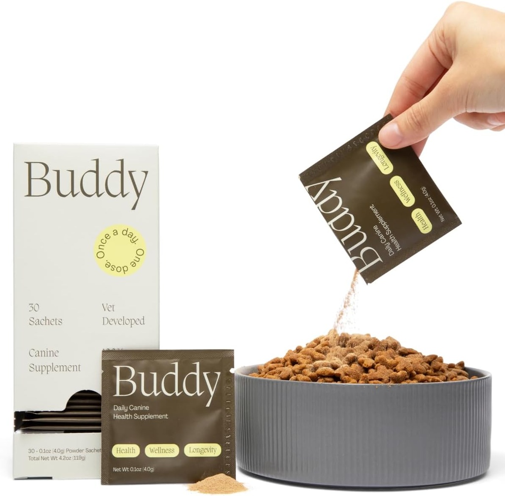 Buddy 10-in-1 Denný pes Multivitamínové doplnky (Meal Topper) - 23 Aktívne zložky w/Žiadna náplň - 10 Základné výhody - Hip & Joint, koža & Coat, Trvanlivosť