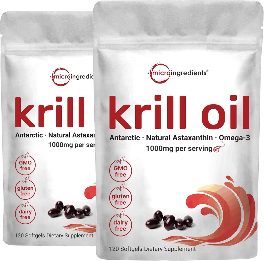 2 Balíček Antarktída Krill Oil Supplement, 1000mg Per Serving, 120 Soft-Gels Každý, Bohatý na Omega-3s, EPA, DHA & Astaxantín, Podporuje zdravie mozgu, Premium Krill olej Kapsule Tekuté Softgels