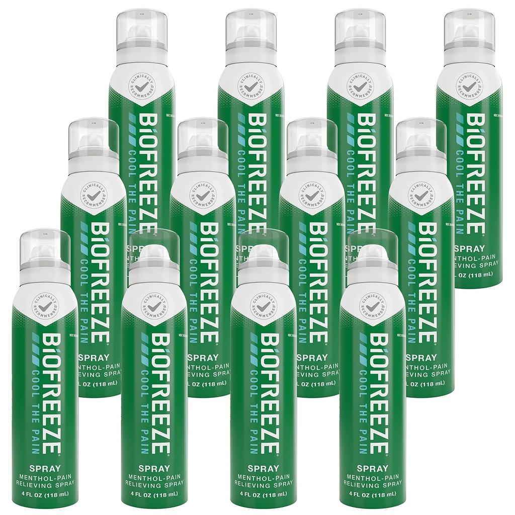 Biofreeze Mentol bolesť Reliefing Spray 4 FL Bezfarebný aerosólový sprej (Pack of 12) pre úľavu od bolesti spojená s bolesťou svalov, artritída, jednoduché bolesti chrbta, a bolesti kĺbov (Packaging May Vary)