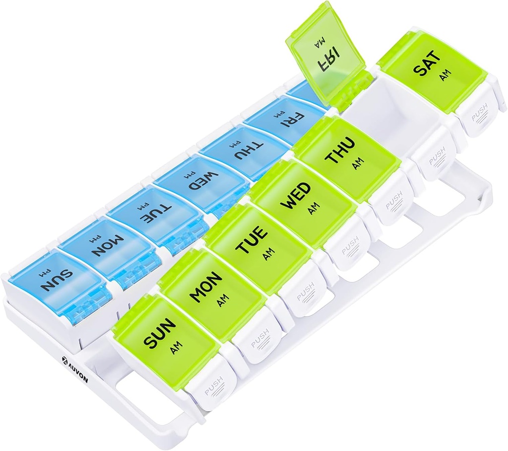 AUVON Týždenná pilulka Usporiadateľ 2 Časy denne Artritída Priateľsky s jarným otvoreným dizajnom, BPA Free 7 Day AM PM Pill Box Prípad s veľkými oddelenými oddeleniami držať 9 Rybie oleje, doplnok, lieky