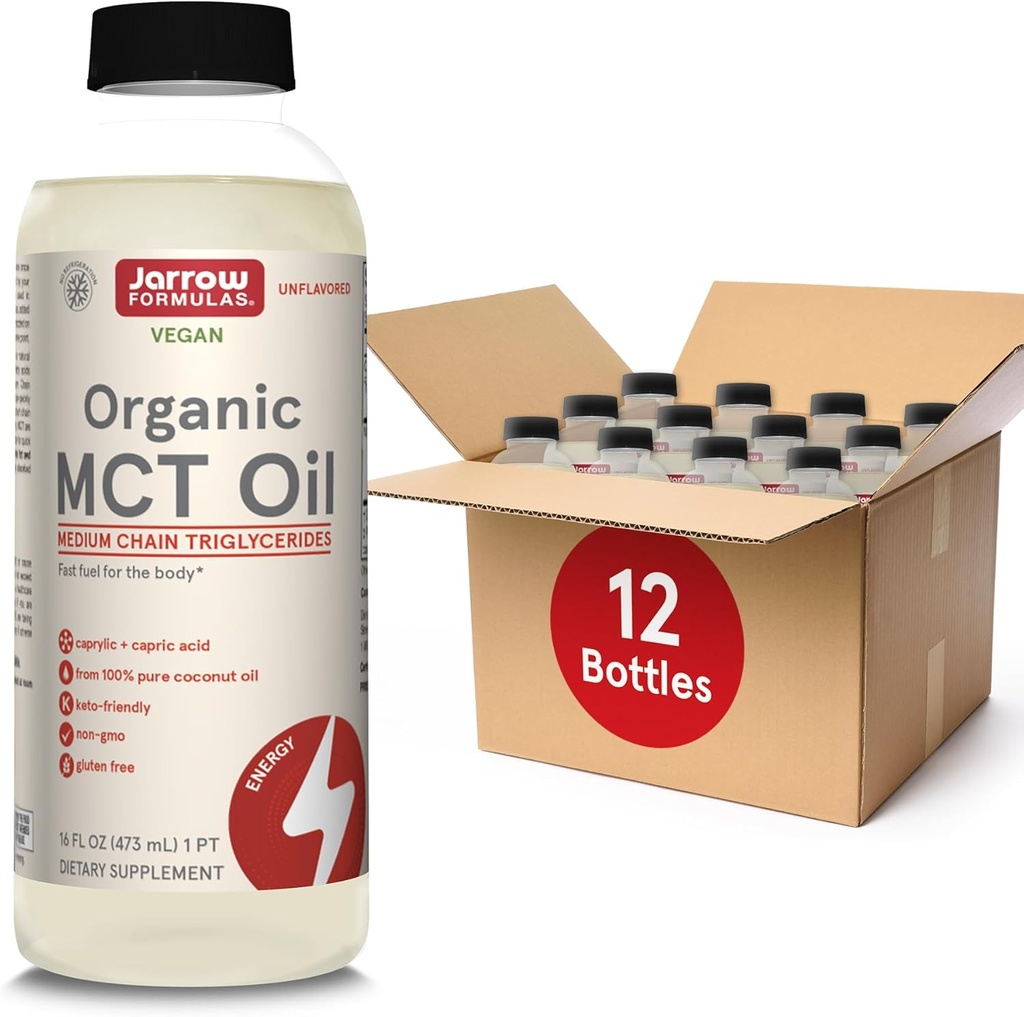 Jarrow Formules Organic MCT Oil - 16 fl oz - Fast Fuel for Brain & Muscle - Caprylic (C8) + Capric Acid (C10) - Ketogenic Diet Friendly Supplement - Unflavred (Pack of 12)