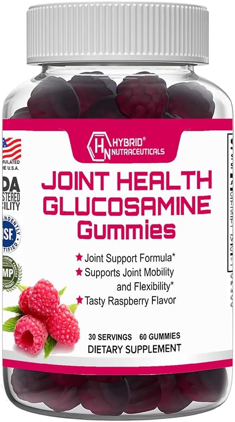 Hybridné Nutraceuticals Spoločné zdravotné doplnky - Glukozamín Gummy s vitamínom E - Podpora Spoločnej mobility a pružnosti doplnok, Malinová príchuť - 60 Gummies