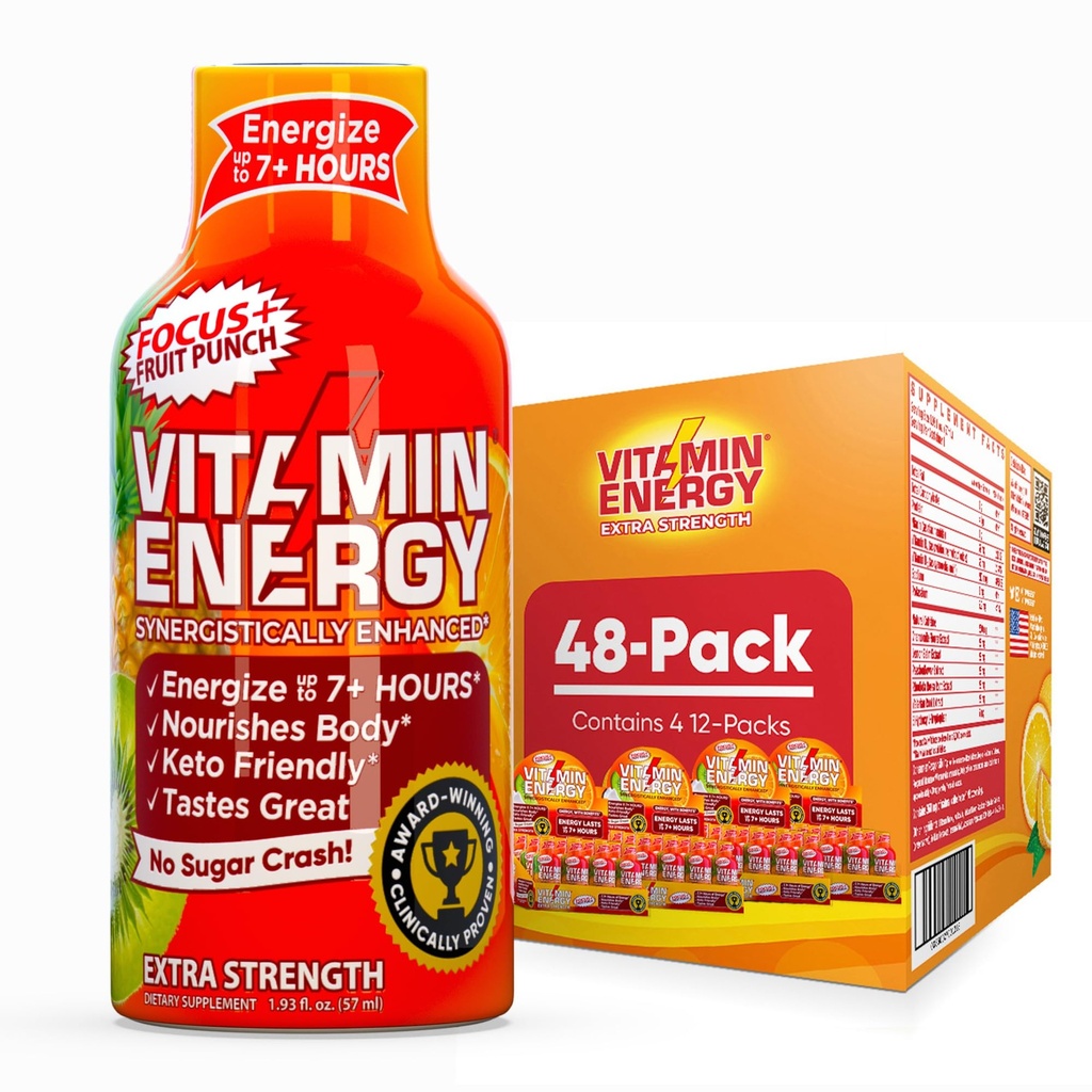 Vitamín Energy Focus+ Extra sila Energia Shot Fruit Punch 48 Balenie, 260mg Prírodný kofeín, B-vitamíny, CoQ10, Aminokyseliny, Focus, Produktivita a jasnosť, Zero Sugar, Gluten-free, 1,93 fl oz