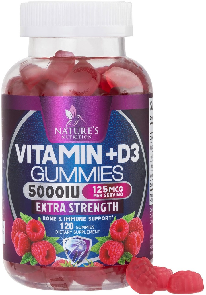 Vitamín D3 Supplement Gummy 5000 IU (125 μg) Dietetické vitamíny D pre mužov a ženy - Kosť, zuby, svalovina a imunitné zdravie Podpora, vysoká potencia VIT D3 Príroda non-GMO a lepidlo zadarmo - 120 Gumies