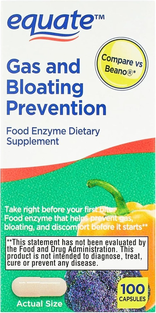 Equate Gas and Bloating Relief Prevention, Food Enzyme Dietary Supplement Kapsule 100 Count (Pack of 1)
