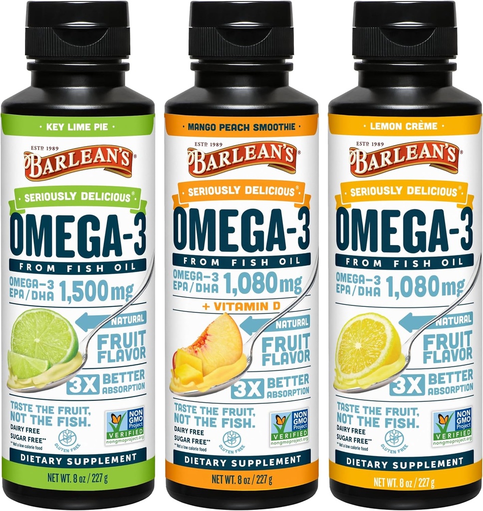 Barlean's Omega 3 Fish Oil Liquid Supplement 3-Flavor Variety Pack for Men and Women, EPA and DHA Mastné kyseliny, Obsahuje Key Lime Pie, Lemon Crème a Mango Peach Flavors, 8 oz