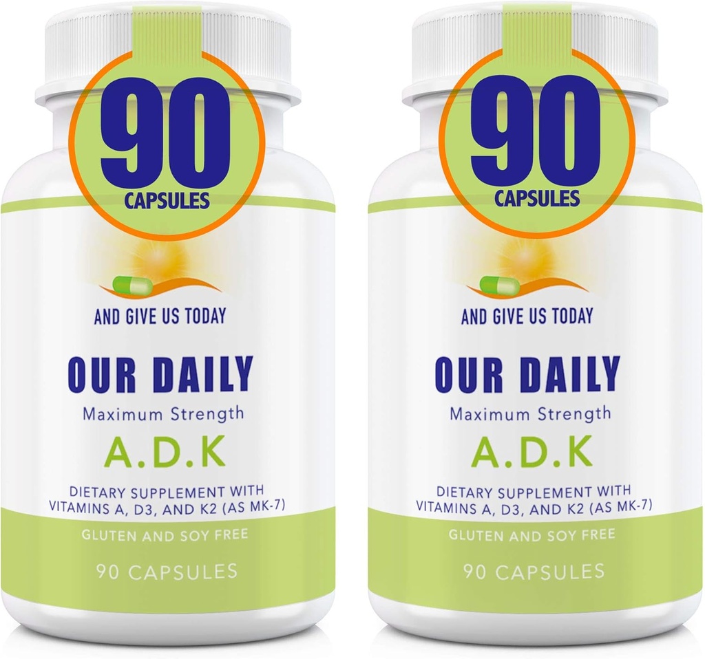 Naše denné Vite ADK doplnok - Vitamín A, D3 & K2 (ako MK7) - Bone, Immune System Support - High Potency Vitamines with Non GMO Ingredients - Gluten Free, Soy Free Rastlinné kapsule 180 CT