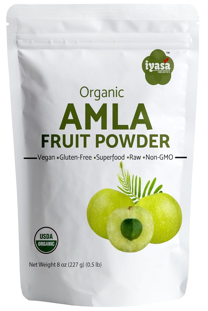 Iyasa Holistics Organic Amla Fruit Powder, Amalaki Berry Powder, 8 unca/226 gm, Raw Superfood for Skin and Hair, Relateable Pouch