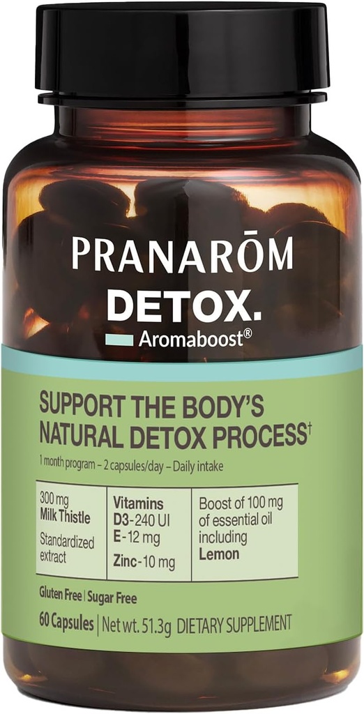 Pranarom - Aromaboost Detox Bylinné doplnky - Eliminuje toxíny a odvodňovače Telo - mlieko bodliak a zinok - Vitamíny D3 a E - Citrón Esenciálny olej - 60 Počet