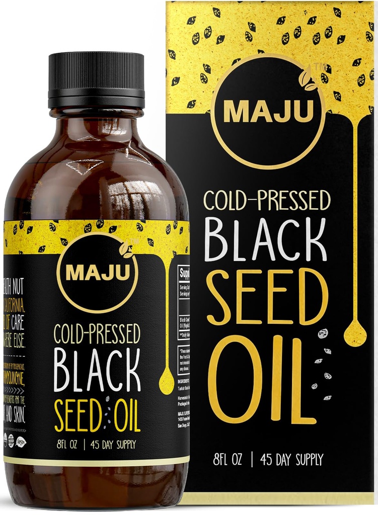 MAJU Black Seed Oil - 3 Times Thymochinón, za studena-Pressed, 100% turecký čierny rasca olej, Tekutý čistý olej z čiernych semien, Sklenená fľaša, 8 oz