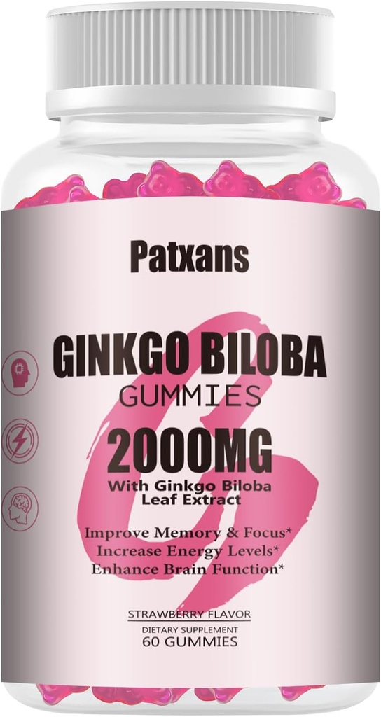 1 balenie 2000mg Ginkgo Biloba Gummy - Ginkgo Biloba Doplnky pre podporu zdravia mozgu, zlepšenie nálady a zaostrenie, energia, dospelý, jahodová chuť, 60 gróf