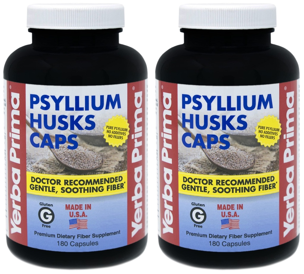 Yerba Prima Psyllium Husk Caps - 180 Kapsule (Stock of 2) - Jednoduché prehltnutie Fiber Supplement - Colon Cleanse - Gut Health - Non-GMO Gluten Free
