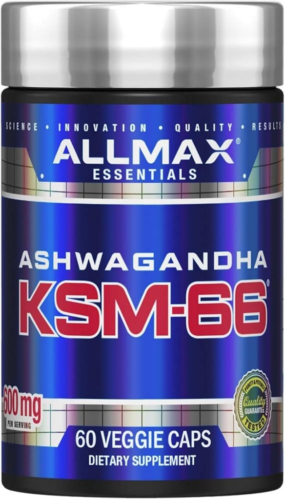ALLMAX Essentials Ashwagandha KSM-66 (60 Veggie Caps) - zvýšenie svalovej sily a zotavenie - non-GMO, Gluten Free - 30 porcií