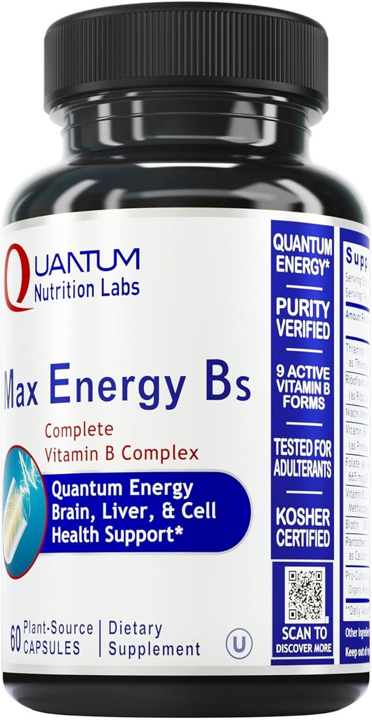 Quantum Nutrition Labs Max Energy Bs - vitamín B Complex, Metylated B Complex Vitamíny s vitamínom B1, B6, B12, tiamín, folát a biotín - 60 Vegetariánske kapsuly