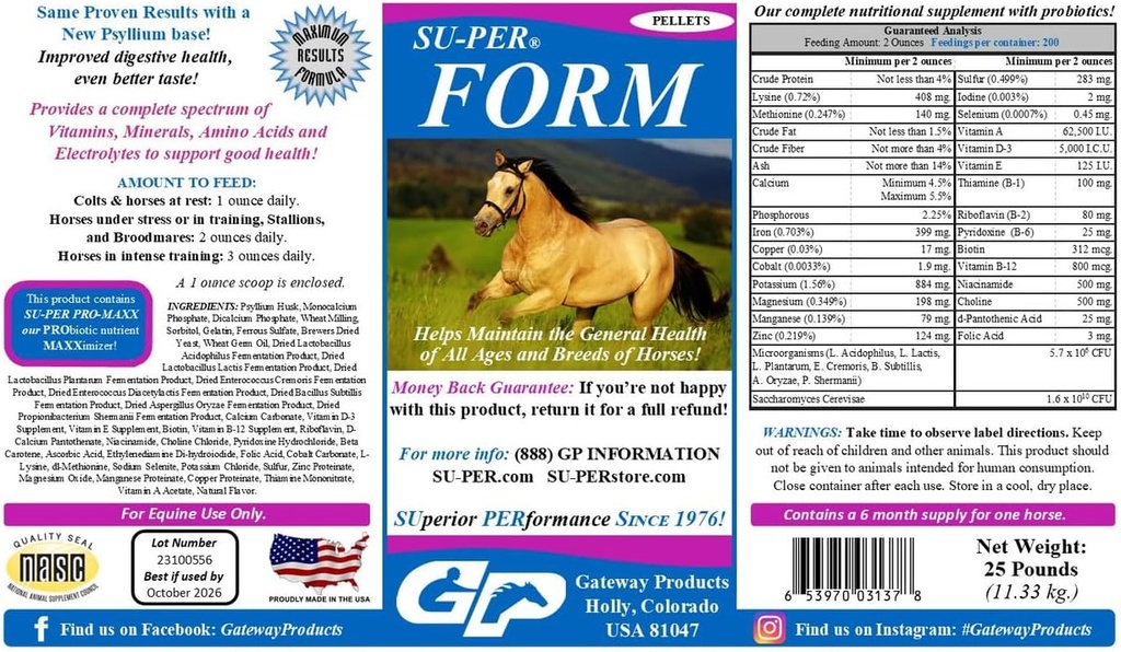 SU-PER forma Konské vitamíny a minerály Pelety - Nutričný doplnok s probiotikami - Vitamíny, minerály, aminokyseliny a elektrolyty - pomáha udržiavať všeobecné zdravie - 25 libier, 6 mesiacov dodávky