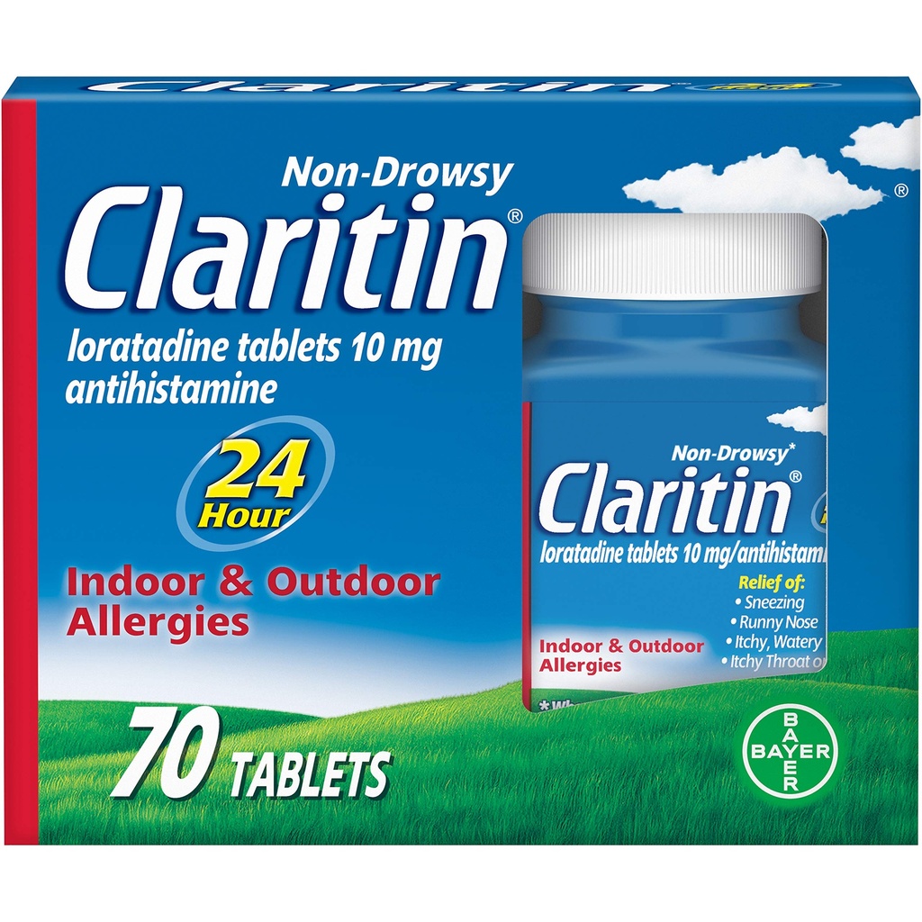 Claritin 24 hodinová alergia, non-Drowsy Prescription Sila Alergická úľava, Loratadine Antihistaminika Tablety, 70 Počet