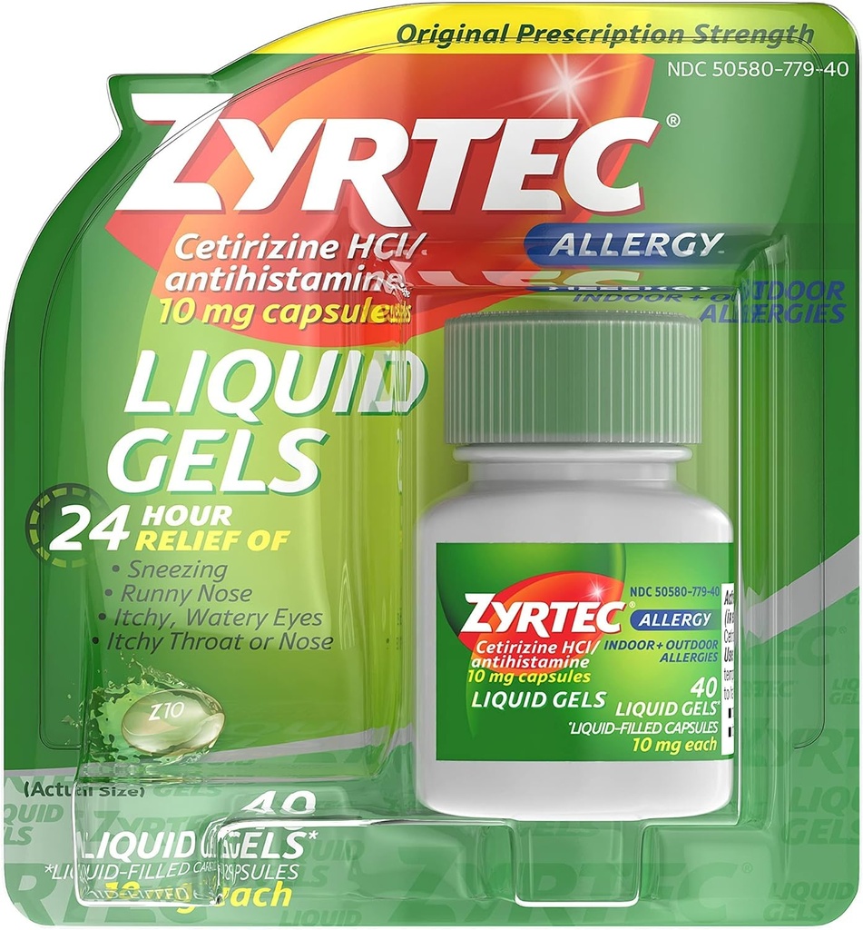 Zyrtec 24 hodín Vnútorné a vonkajšie alergie Tekuté gély, Antihistaminiká Kapsule s cetirizínom Hydrochlorid pre All- Day Alergy Relief, 40 ct (balenie po 2)