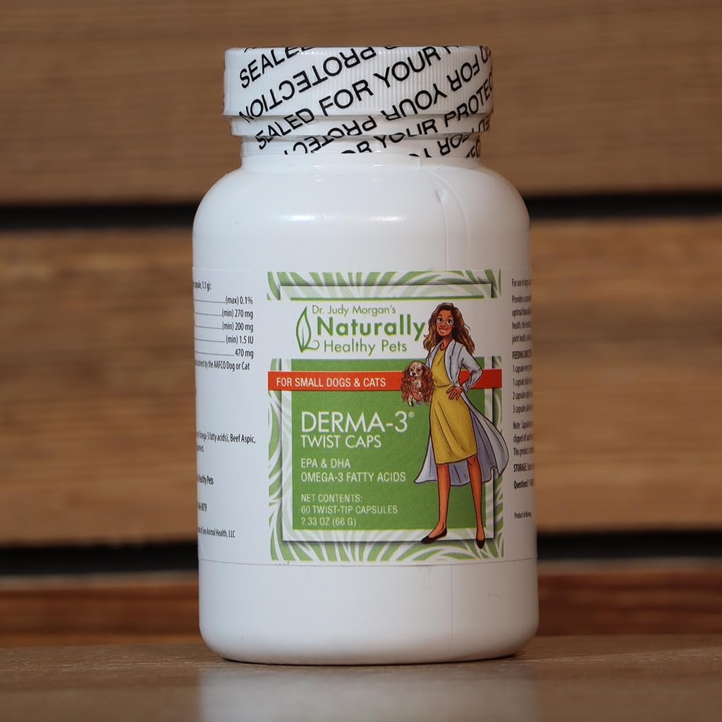 Prirodzene zdravé zvieratá Dr. Judy Morganovej Derma-3 Omega3 Fish Oil Twist Caps pre psy a mačky (malé)