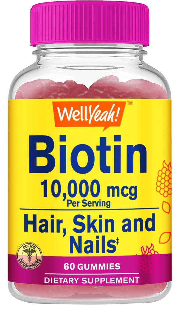 WellYeah High Potency Biotin 10 000 mcg Gummies - pre silnejšie vlasy, koža a nechty - Vegan-Priatelia, Gluten-free, non-GMO, a lahodné Berry Flavor - 60 Gummies