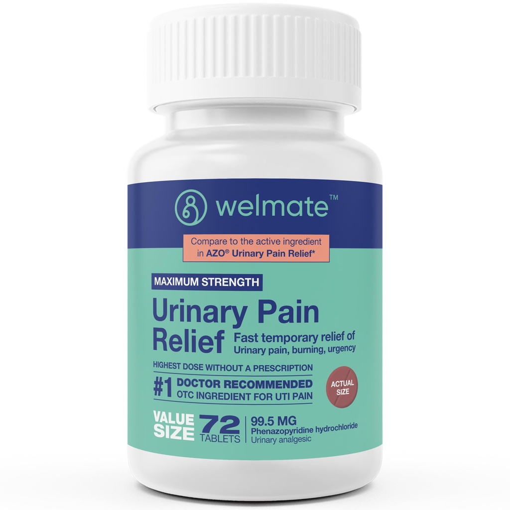 WELMATE - Urinary Pain Relief (72 tabliet) - Fenazopyridín Hydrochlorid 99,5 mg - Urinary Bolesť, Naliehavosť, & Discomfort - Maximálna sila - Over-The-Counter Medication