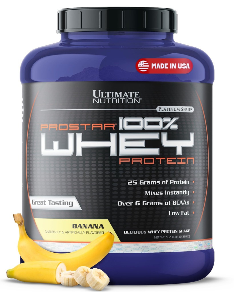 Ultimate Nutrition Prostar Whey Protein Powder Isolate, Banana - Nízky obsah tuku, Powder s vysokým obsahom bielkovín Shake for Muscle Gain & Recovery - Nízky obsah sodíka, nízky obsah tuku a Keto Friendly - 5,28 libier Tub