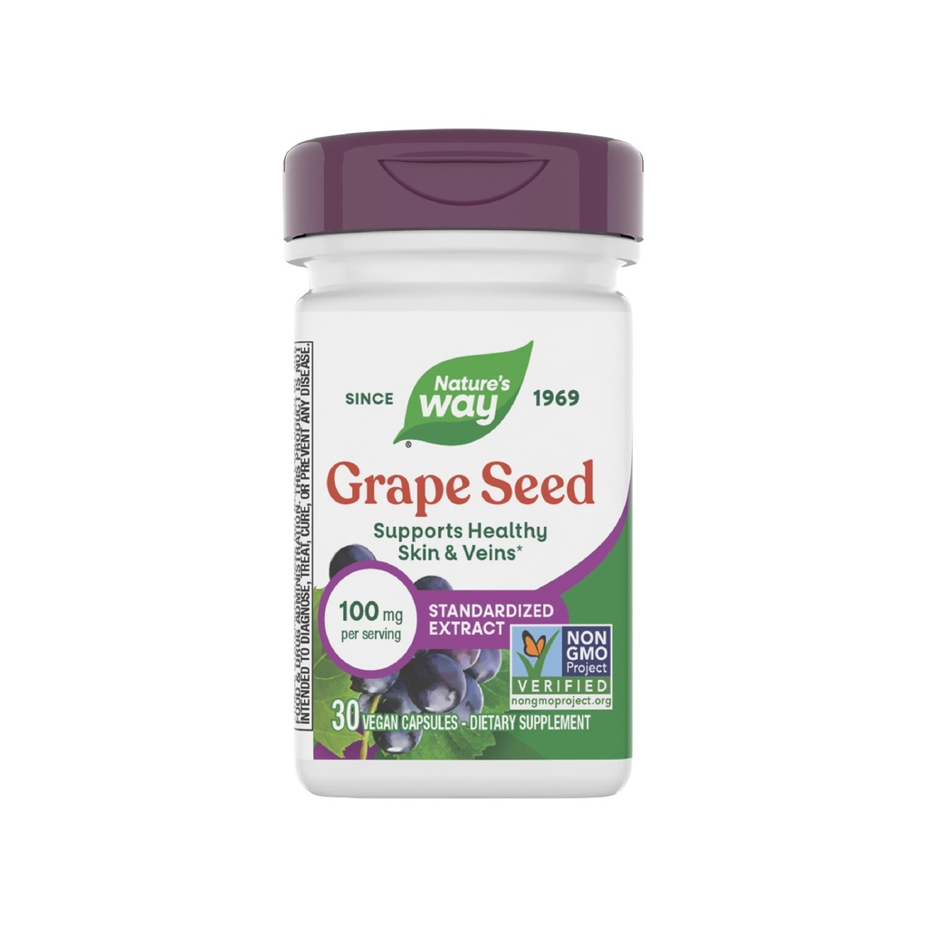 Nature's Way Grape Seed Štandardizovaný extrakt, podporuje zdravú pokožku a žriebä *, Antioxidant Support*, Non-GMO projekt Overené, 30 Vegan Kapsule (Packaging May Vary)