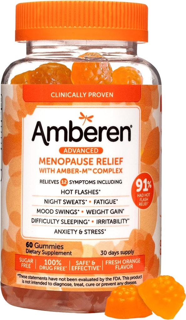 Amberen Menopauza Doplnky pre ženy, Multi-Symptom Relief, Vitamín E a jedinečná zmes Amberen, Pomáha Podpora Hormon Balance, Hot Flash & Night Poteky, Bez cukru, Orange Flavor, 60 Gummies