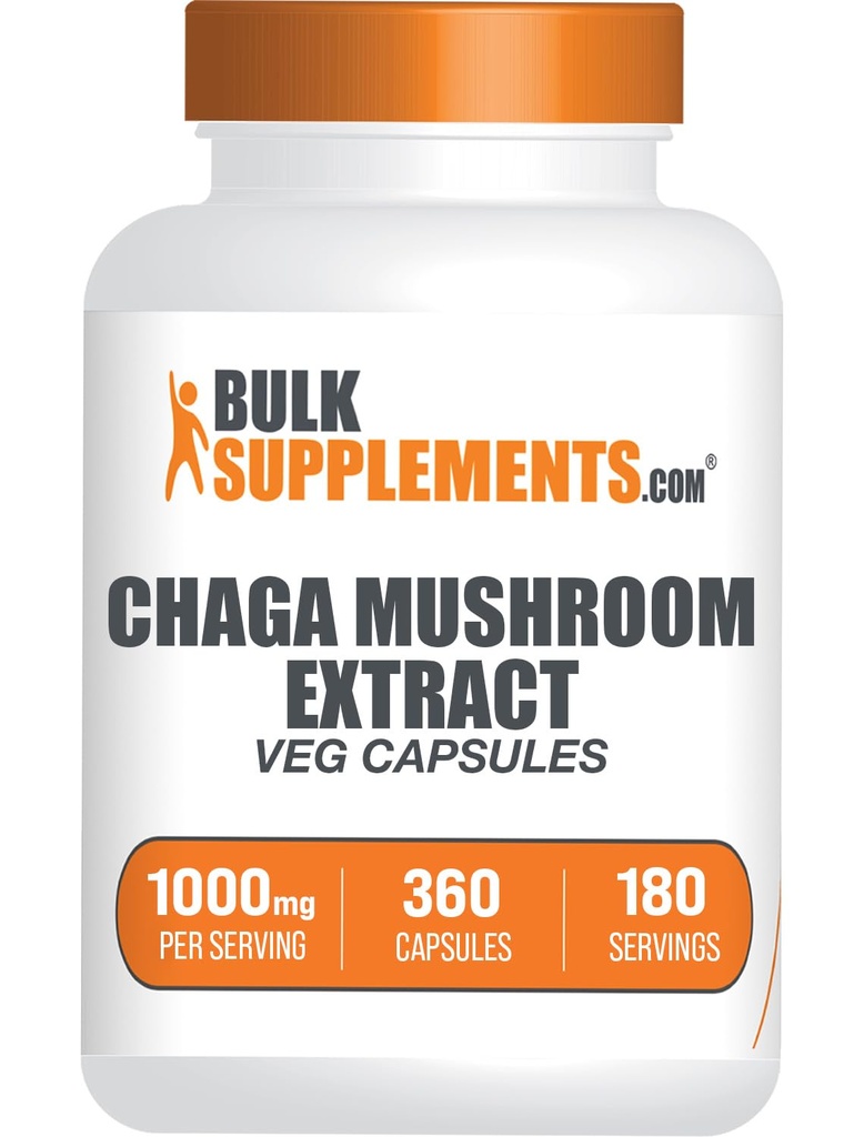 BulkSupplements.com Chaga Mushrom Extract Capsules - Chaga Extract, Chaga Huby - Vegan & Gluten Free, 2 Kapsule per Serving (1000mg), 360 Počet (Pack of 1)