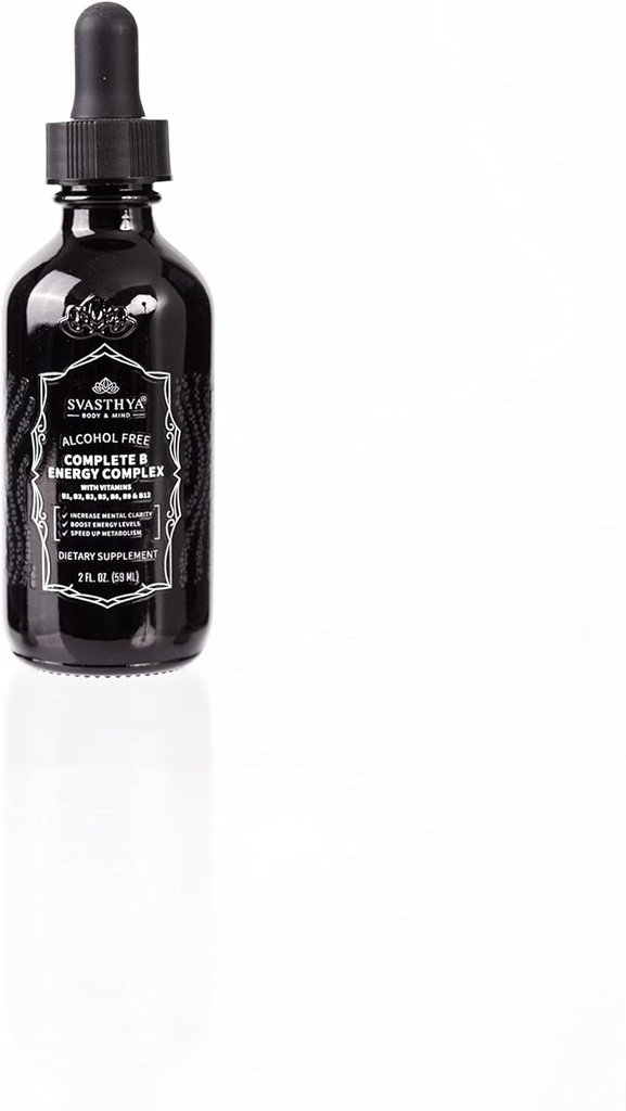 Svasthya Body & Mind B2 D3 vitamín B komplex tekutý doplnok - všetky prírodné kvapalné B vitamíny pre ženy, mužov a deti - Ultra potentné kvapky w/B-6, B-12-5000mcg, Sublingválne a Vegan priateľsky