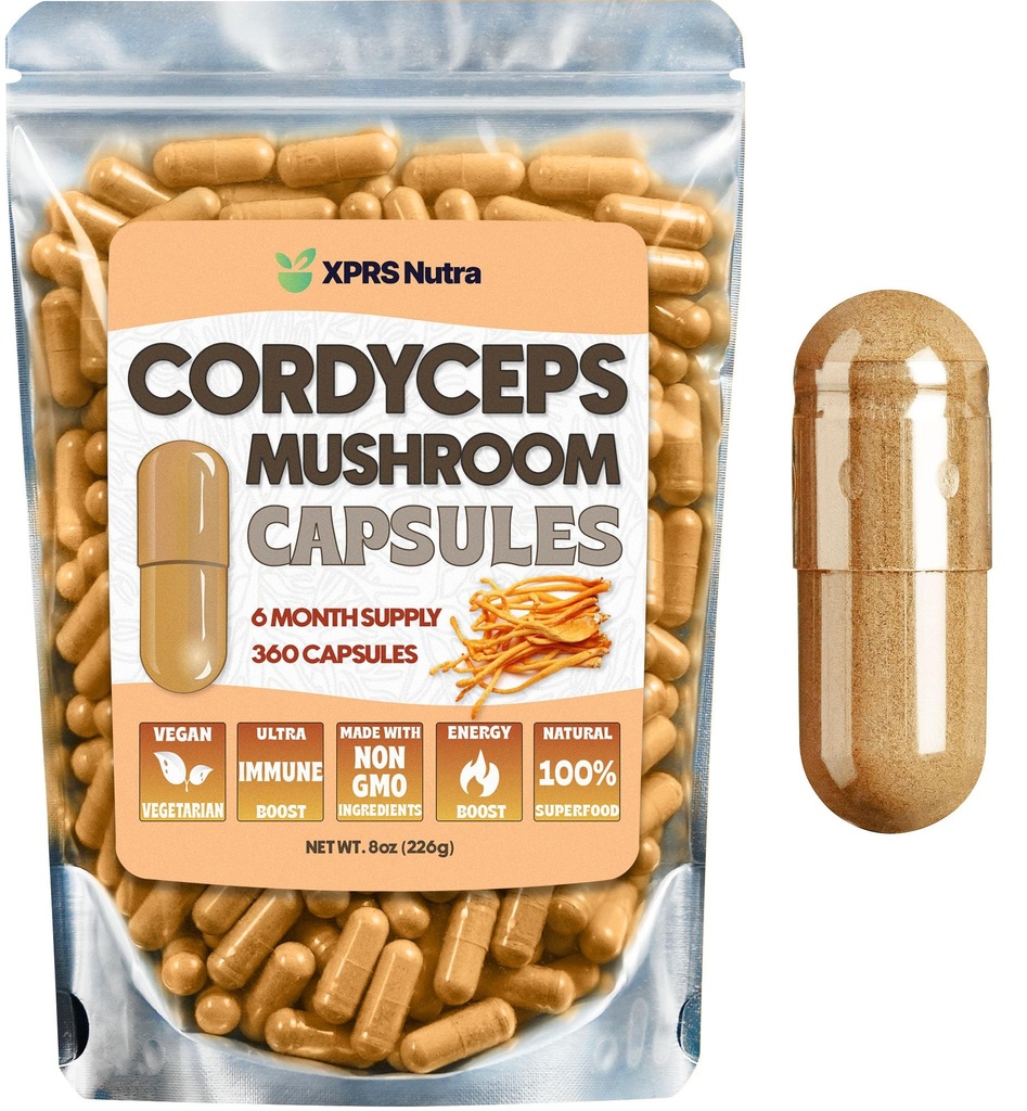 XPRS Nutra Cordyceps Powder Capsules - 360 Count (180 Day Supply) - Naše Premium Cordyceps Kapsule Huby obsahujú skutočné huby (Cordyceps Sinensis) na podporu vytrvalosti a výkonu