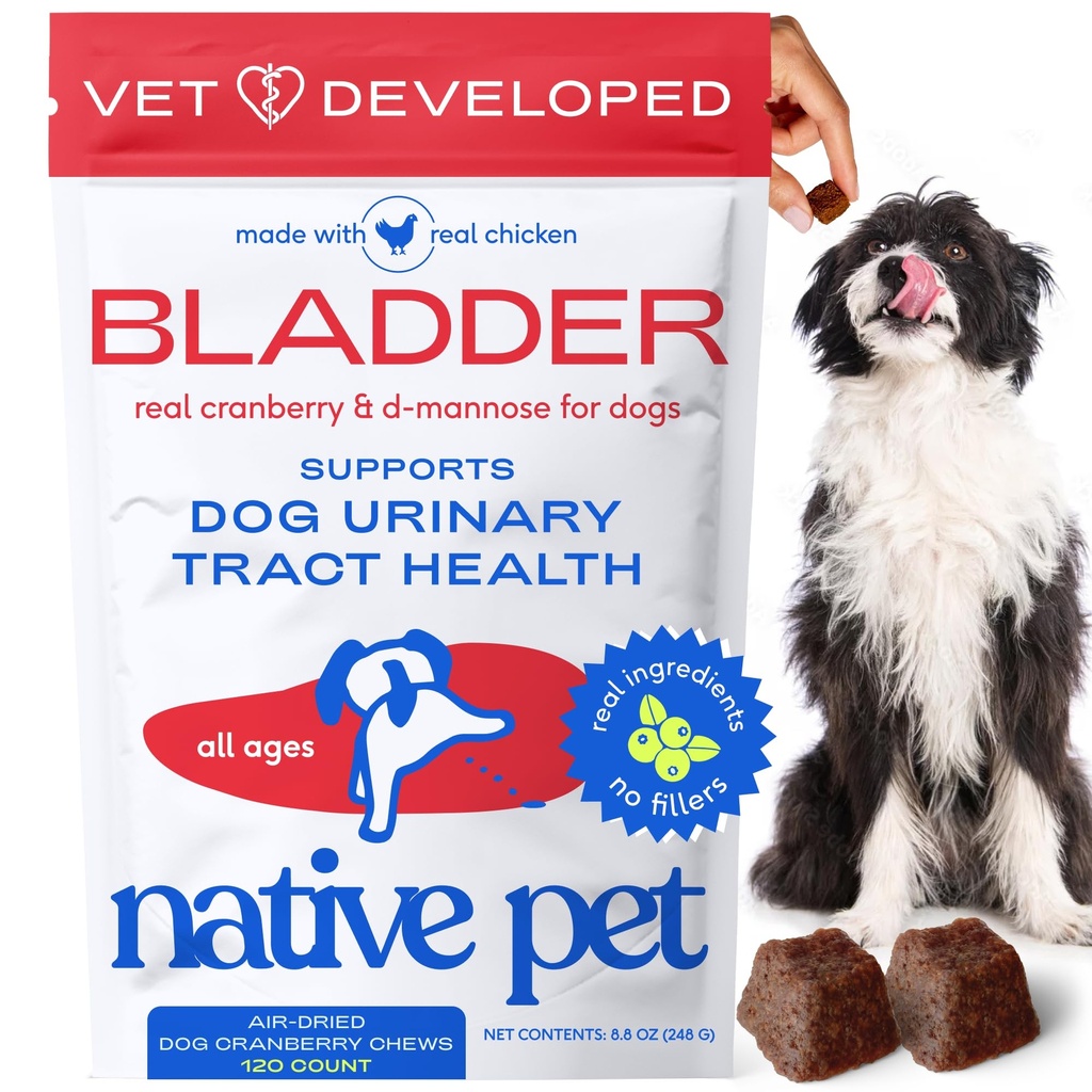 Native Pet Dog UTI liečba - Cranberry doplnok pre psy Kontrola močového mechúra a podpora obličiek - Prevencia močových ciest infekcie a močovej inkontinencie - Vyrobené s skutočné brusnice extrakt - 120 Žuvačky