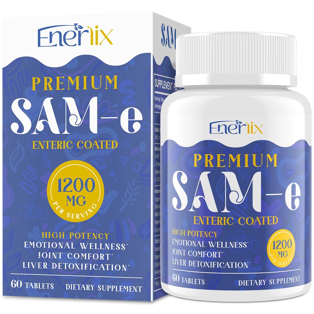 1200 mg SAM e Supplement for Brain, Mood, Joint, and Liver, High Absorbtion SAM-e (S-Adenozyl-L-Metionine) with CoQ10, 5- HTP, Enteric Coated 60 Tablets, Vegan