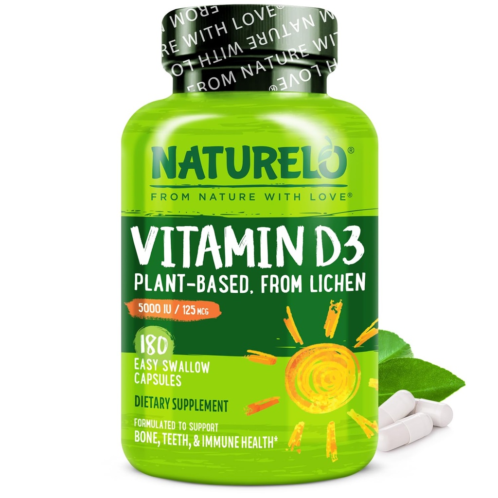 NATURELO vitamín D - 5000 IU - Rastlina založená z Lichen - Prírodné D3 doplnok pre imunitný systém, Bone Support, Spoločné zdravie - High Potency - Vegan - Non-GMO - Gluten Free - 180 Kapsule