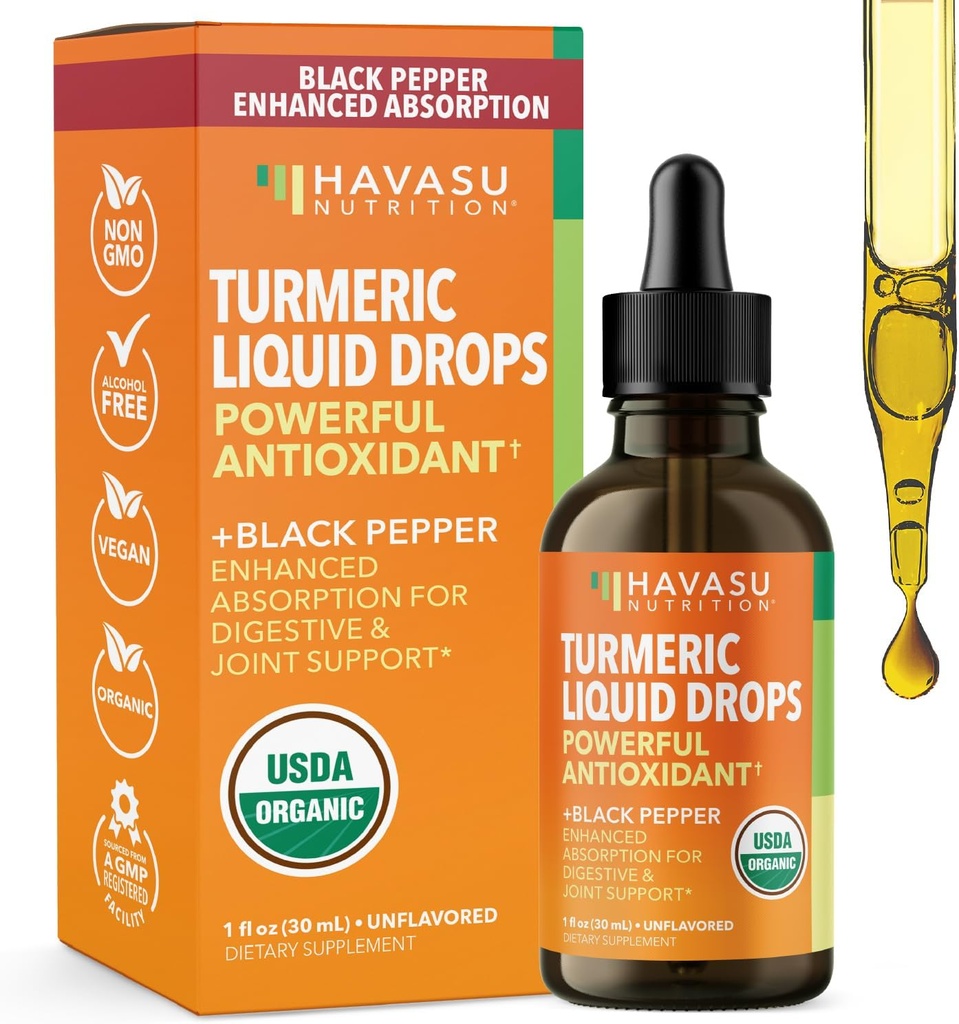 USDA Organic Turmeric Liquid Drops with Black Pepper - 1000mg Curcumin Supplement for Immune & Digestive Health - 30 Servings - Enhanced Absorption - Non-GMO, Vegan, Gluten Free - Unflavored, 1 Fl Oz