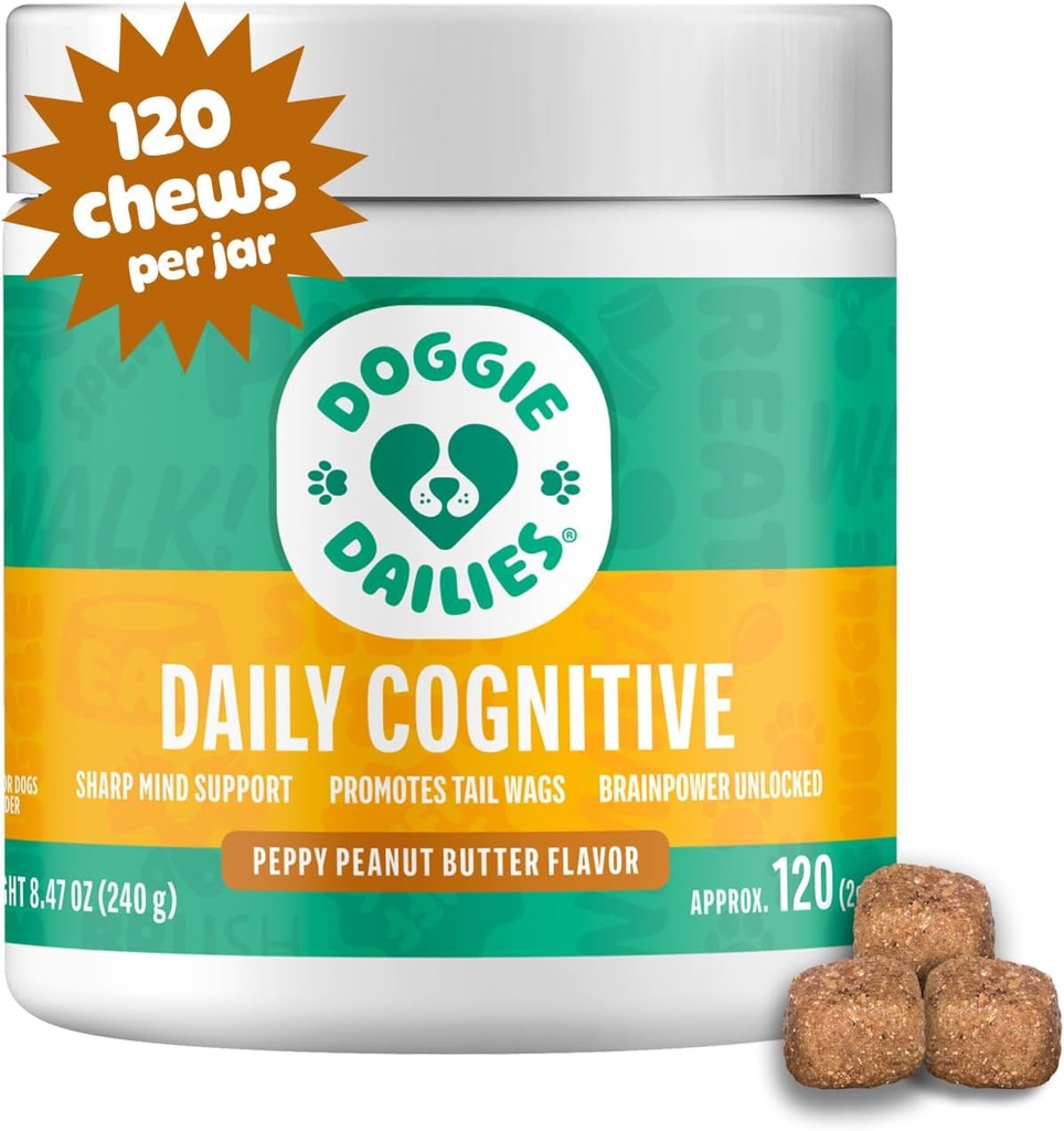Doggie Dailies Cognitive Puppy Chews, Vitamins with DHA, Selenium, Organic Ashwagandha & Antioxidants to Support Brain Health, Nervous System Function & Promote Calmness (Peanut Butter) 120 Soft Chews