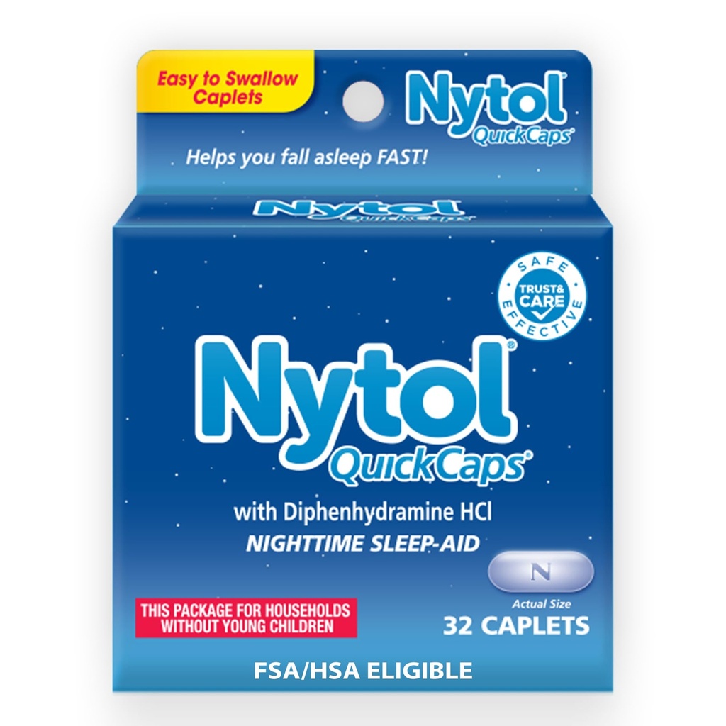 Nytol Quick Caps Nighttime Sleep Aid s difenhydramínom HCI, Easy-to-Swallow Caplets k pádu Asleep Fast, 32 Počet