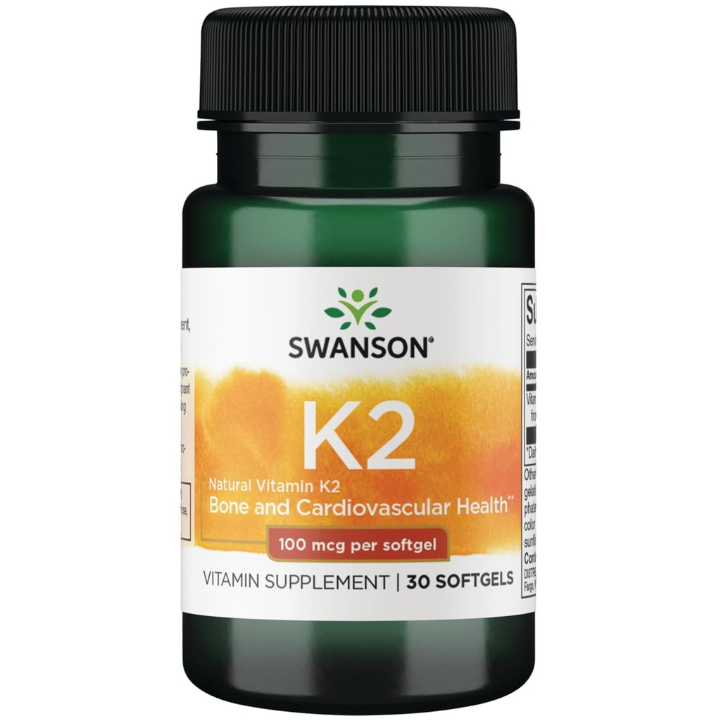 Swanson Vitamín K2 (Menachinón-7) - Vitamín doplnok Podpora Kardiovaskulárne a kostné zdravie - Vyrobené z japonskej Natto pomôcť regulovať vápnik - (30 Softgels, 100mcg Každý)